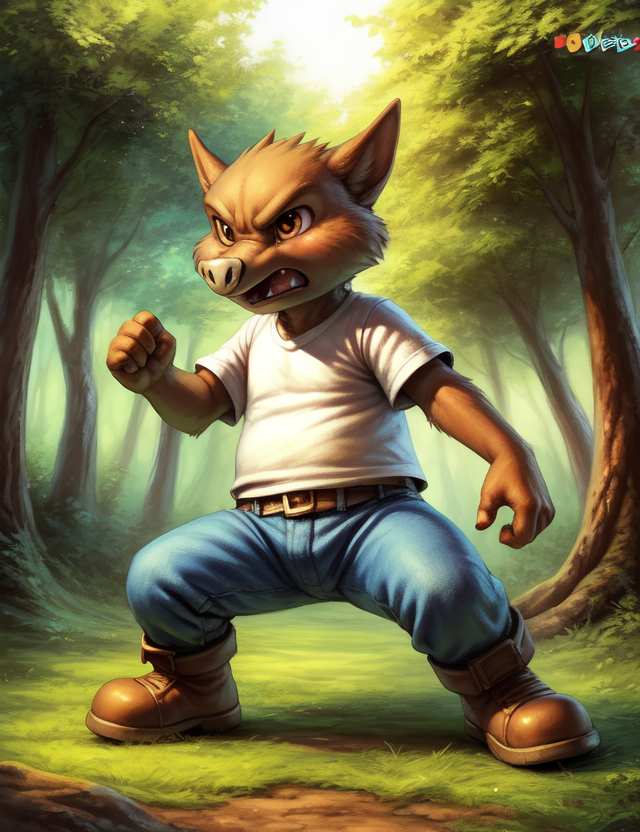 00904-4198728373-_lora_AchilleFoFriN_1_ AchilleFoFriN, boar ,  blue jeans, white shirt, boots,  (fighting stance, angry pose)_Male, Detailed mult.png